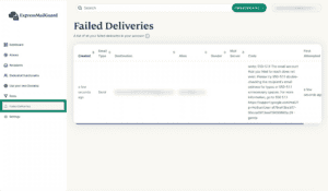 The Failed Deliveries page in ExpressMailGuard, with the "Failed Deliveries" tab highlighted.