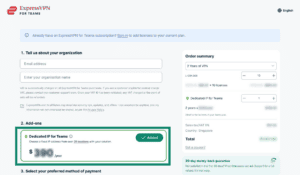 ExpressVPN for Teams checkout page showing Dedicated IP for Teams added to plan