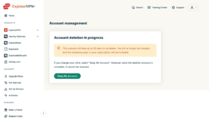 The "Account deleting in progress" notification in the ExpressVPN+ portal.