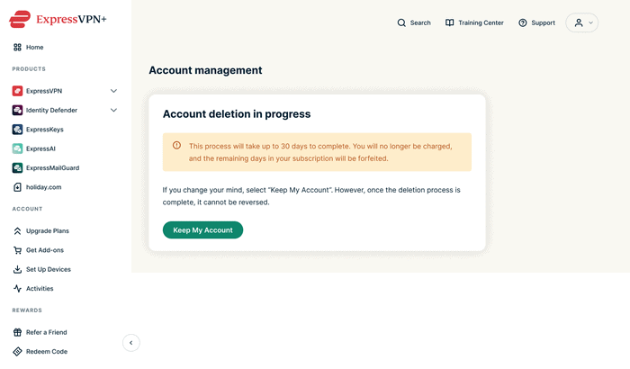 The "Account deleting in progress" notification in the ExpressVPN+ portal.