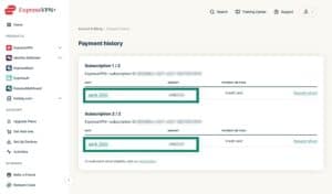 Payment history tab in the ExpressVPN+ dashboard, with two charges highlighted.