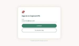ExpressVPN email sign-in screen displaying an email input field with "Continue" and "Try Another Way" action buttons.