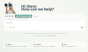Screenshot of the ExpressAI home screen on desktop. An arrow points to the AI model DeepSeek R1 above the chat window in the middle of the page.