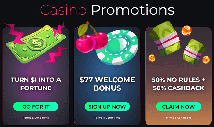 $77 welcome bonus and casino promotions with free spins and cashback offers.