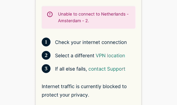 ExpressVPN browser extension connection error with troubleshooting steps and a notice that internet traffic is blocked.