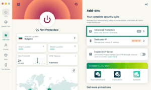 ExpressVPN macOS Add-ons dashboard displaying available security features, with the "Advanced Protection" option highlighted in a green box.