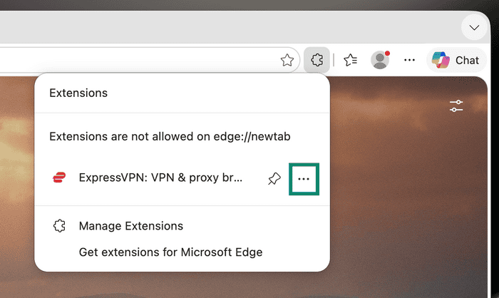 Microsoft Edge Extensions menu with the options button for the ExpressVPN browser extension highlighted.