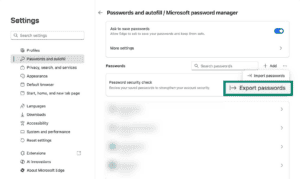 Microsoft Edge export passwords settings.
