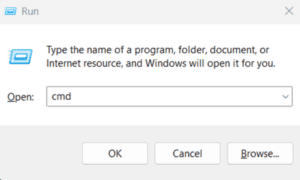 The Run window on Windows, showing a "cmd" command