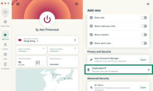 Screenshot of the ExpressVPN desktop app, highlighting Dedicated IP in the Add-ons tab