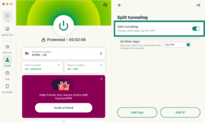 Split tunneling settings on ExpressVPN macOS app.
