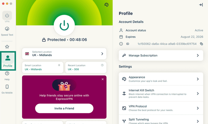 Profile settings on ExpressVPN macOS app.