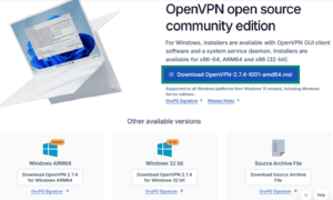OpenVPN community downloads page with main download button highlighted.
