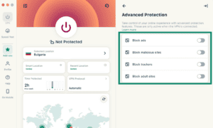 ExpressVPN macOS Advanced Protection sub-menu, displaying disabled toggle switches for ads, malicious sites, trackers, and adult sites inside a green box.