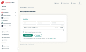 Edit payment method form in the ExpressVPN+ portal.