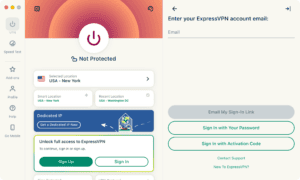 ExpressVPN Mac app prompting the user to sign up or sign in, with account sign-in options shown.