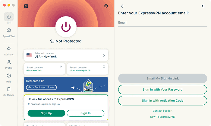 ExpressVPN Mac app prompting the user to sign up or sign in, with account sign-in options shown.