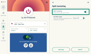 The Split tunneling settings enabled in the ExpressVPN macOS app.