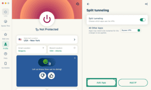 The "Add App" option in ExpressVPN's split-tunneling settings on macOS.