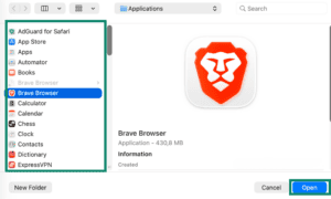 The Application folder pop-up on macOS, showing available apps that can be added to the split-tunneling settings, with a highlighted "Open" button.