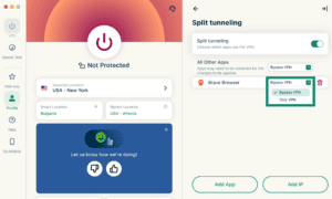 ExpressVPN's "Bypass VPN" and "Only VPN" split-tunneling options on macOS.