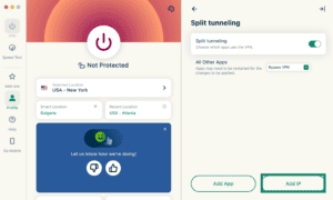 The "Add IP" option in ExpressVPN's split-tunneling settings on macOS.