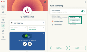 The "All Other Apps" split-tunneling feature in the ExpressVPN macOS app, showing the "Bypass VPN" and "Use VPN" choices.