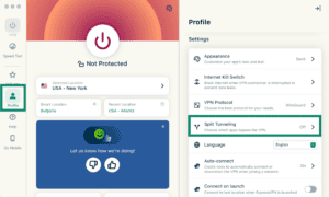 The ExpressVPN Profile tab on macOS, with a highlighted "Split Tunneling" option.