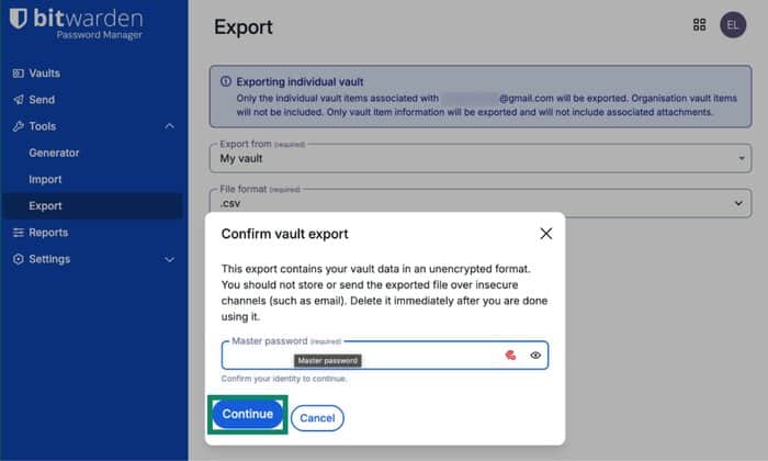 Passwörter aus der Bitwarden-App exportieren.