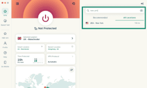 The search function and a server location highlighted in the ExpressVPN app. 