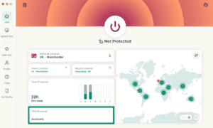 ExpressVPN app dashboard showing VPN protocol highlighted.