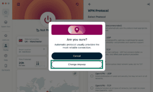 The "Are you sure" pop-up in the ExpressVPN app, with a highlighted "Change Anyway" button.