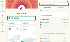 The "Selected Location" widget and the search bar highlighted in the ExpressVPN app.