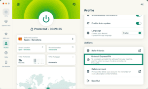 The Profile tab menu, with the "Uninstall ExpressVPN" option highlighted in the ExpressVPN app for macOS.