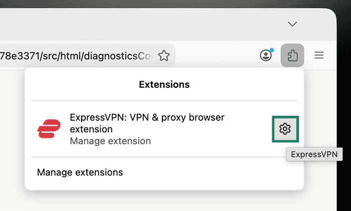 Firefox Extensions panel with the settings button for the ExpressVPN browser extension highlighted.