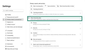 Microsoft Edge browser with clear browsing data highlighted.
