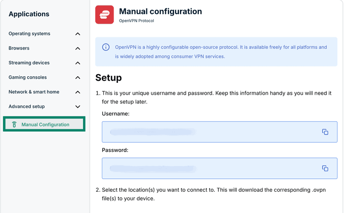 The "Manual Configuration" option in ExpressVPN+ highlighted.