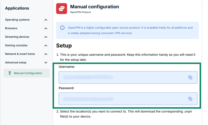 The Manual configuration page in ExpressVPN+, highlighting the username and password for the user.