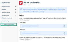 The "Manual Configuration" option highlighted in the setup page on the ExpressVPN+ portal.