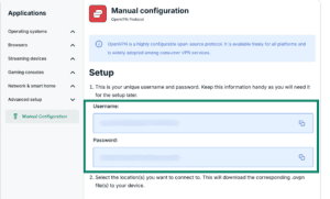 The Manual configuration page in ExpressVPN+, highlighting the username and password for the user.
