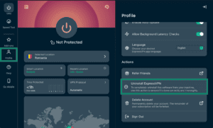 ExpressVPN app interface showing a highlighted "Profile" tab on the left sidebar and "Uninstall ExpressVPN" option under Actions.