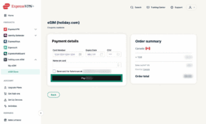 eSIM data extension page in the ExpressVPN+ account dashboard. The data extension widget and "Continue to Checkout" button are highlighted.