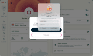 The ExpressVPN installer helper tool, with the ExpressVPN app for macOS and the uninstall pop-up in the background.