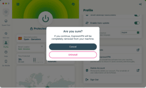 The "Are you sure" prompt in the ExrpressVPN app for macOS, showing a "Cancel" and "Uninstall" button.