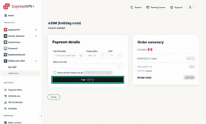eSIM checkout page in the ExpressVPN+ account dashboard. The "Pay" button is highlighted.