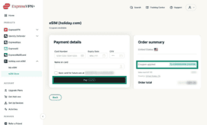 eSIM checkout page in the ExpressVPN+ dashboard. The pay button and "Coupon applied" field are highlighted.
