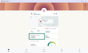 ExpressVPN main dashboard with Austria selected, with the Auto-connect settings card highlighted in a green box.