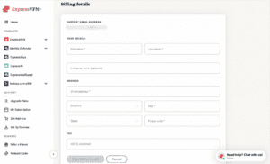 The "Billing details" page in the ExpressVPN+ portal.