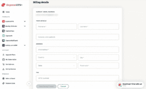 ExpressVPN account billing details information showing screen to edit billing details.