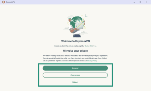 ExpressVPN initial privacy agreement screen, with the "Accept", "Customise", and "Reject" consent buttons highlighted in a green box.